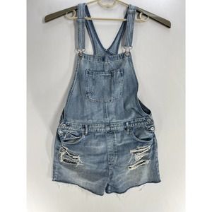 American Eagle Women Overalls Shorts XL Blue Medium Wash Denim Distressed